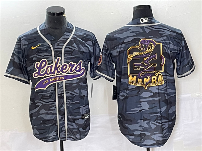 Men's Gray Los Angeles Lakers Camo #24 Mamba Big Logo Cool Base Stitched Baseball Jersey